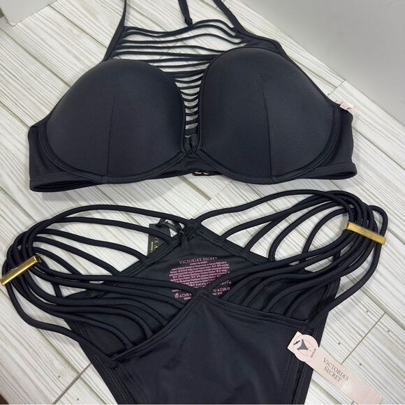 NWT VS STRAPPY PUSH UP TOP 36D & STRAPPY BRAZILIAN BIKINI BOTTOM SWIMSUIT SET XL - Picture 2 of 11